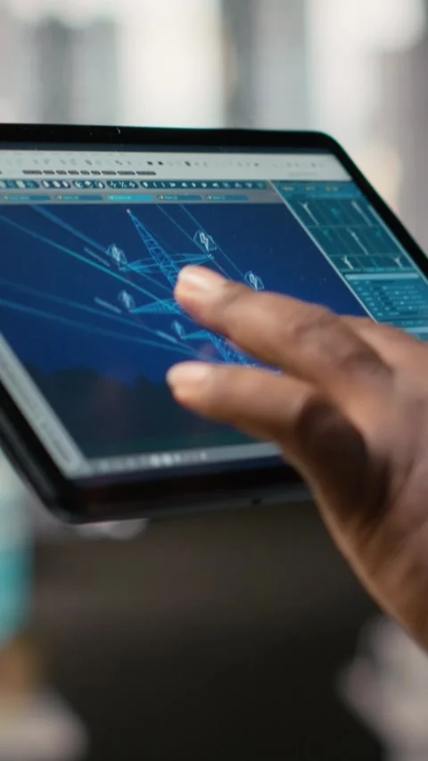 Close up of engineer using tablet to design power line towers in office Stock Footage 315416165