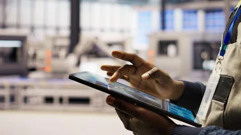 Close up of engineer using tablet to design solar panels factory layouts Stock Photos