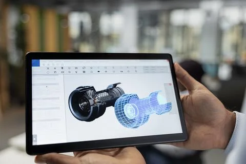 Close up of engineer using tablet to review turbine data, saving energy Stock Photos