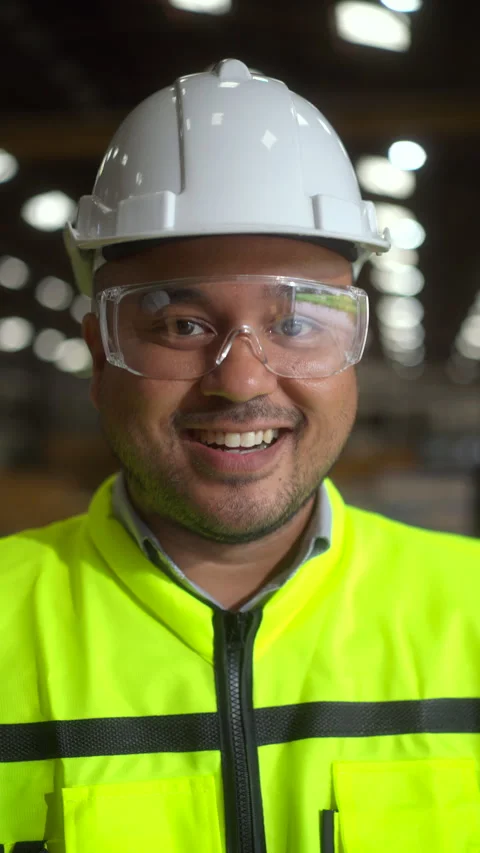 Close up engineer wearing protective glasses, safety glasses. Safety equipment f Video stock 287471744