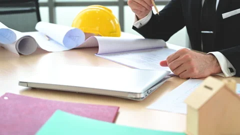 Close up engineer workplace with many tools for planning projects. Stock-Footage 147064381