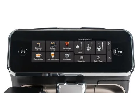 Close-up of espresso machine control panel with touchscreen interface. Stock Photos