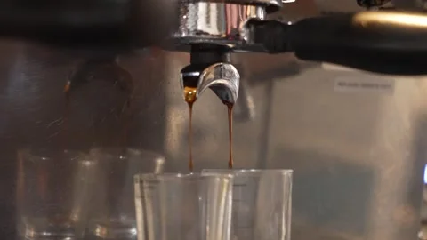Close-Up of Espresso Machine Pulling Double Shots in Modern Coffee Shop Setting Stock Footage 348345656