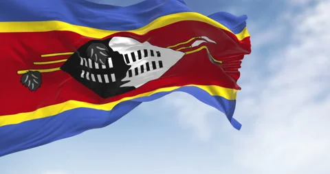 Close-up of Eswatini national flags waving a clear day Stock Footage 340323095