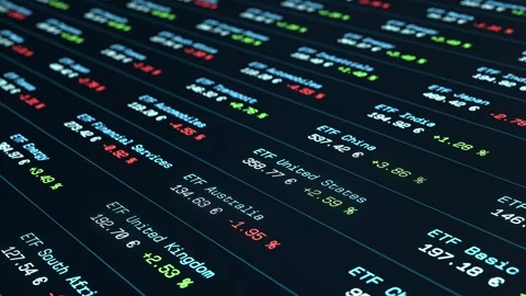 Close-up ETF trading board, exchange-traded fund, investment products. Stock Footage 329790412