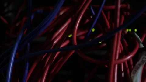 Close up of Ethernet wires in Server Room with flashing lights Stock Footage 74061229