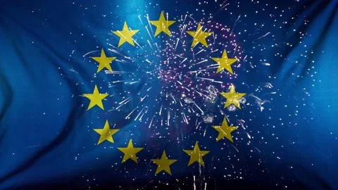 Close up of EU Flag Waving. EU Banner Flaping in Wind with Fireworks. Stock Footage 140532778