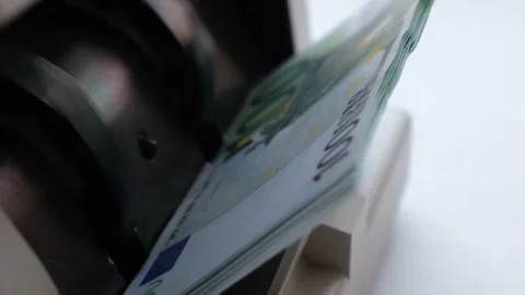 Close-up of euro banknotes in counting machine Stock Footage 145385308