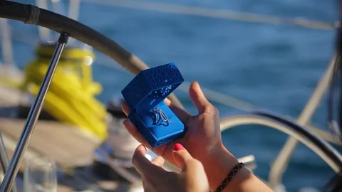 Close-up expensive white gold ring with huge diamond in box in female hands Stock Footage 92704767
