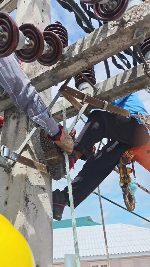 Close-up of an expert lineman installing and pulling electrical cables . Video stock 332552282