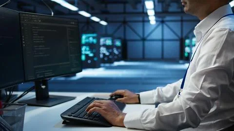 Close up of expert typing on keyboard in server room, coding on computer 写真素材