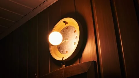 Close-up Exposed Bulb Wall Lamp on Wood Panel Stock Footage 308231991