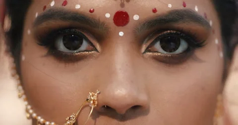 Close up of Expressive big Brown Indian Woman's eyes with Traditional Bindi Видео 154593326