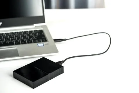 Close up of external hard disk drive for connect to laptop. HDD Stock Photos