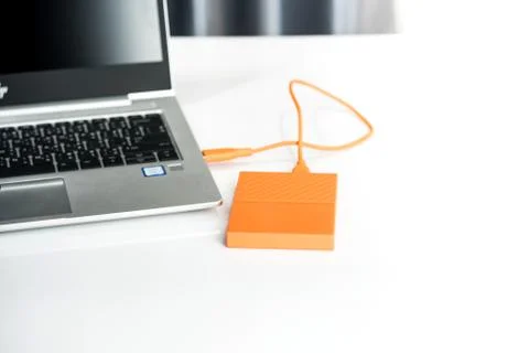 Close up of external hard disk drive for connect to laptop. HDD Stock Photos