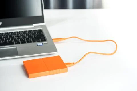 Close up of external hard disk drive for connect to laptop. HDD Stock Photos