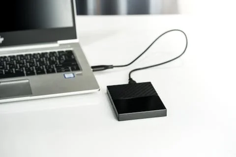 Close up of external hard disk drive for connect to laptop. HDD Stock Photos