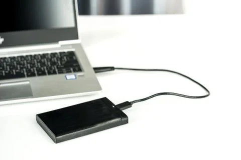 Close up of external hard disk drive for connect to laptop. HDD Stock Photos
