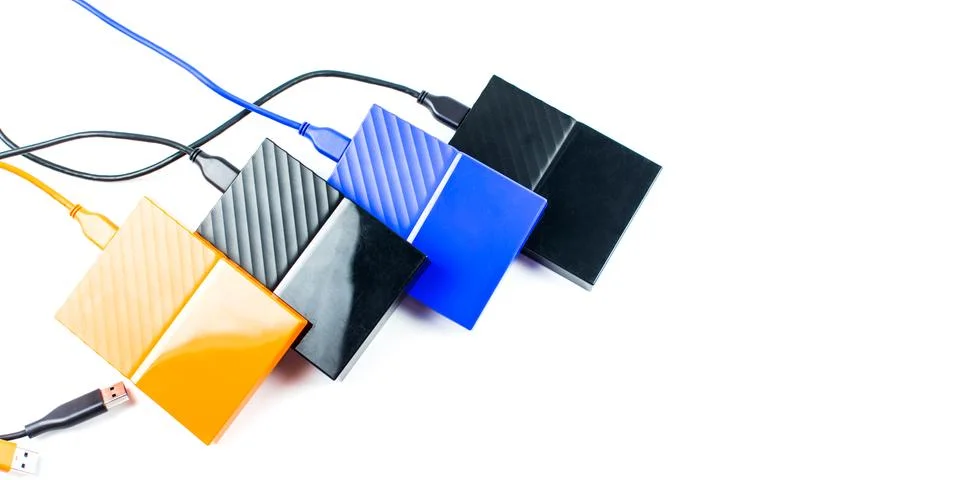 Close up of external hard disk drive for connect to laptop. HDD Stock Photos