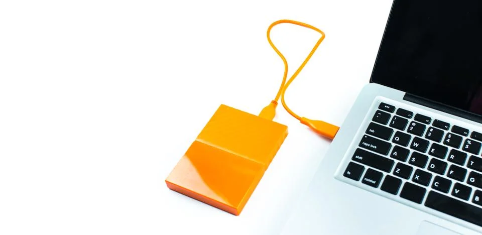 Close up of external hard disk drive for connect to laptop. HDD Stock Photos