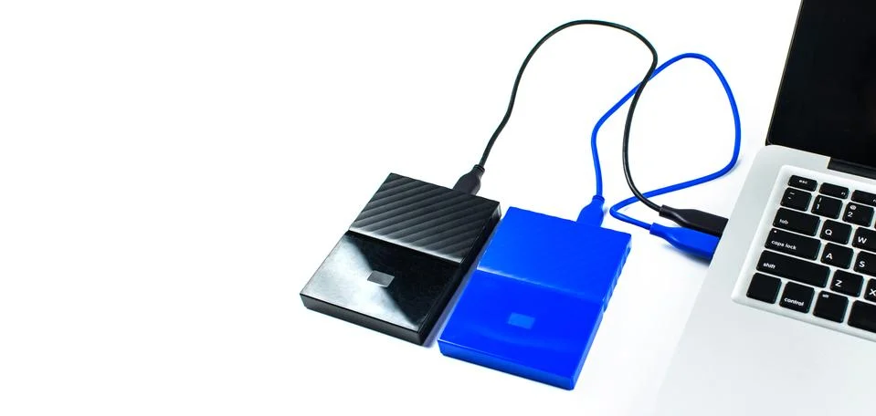Close up of external hard disk drive for connect to laptop. HDD Stock Photos