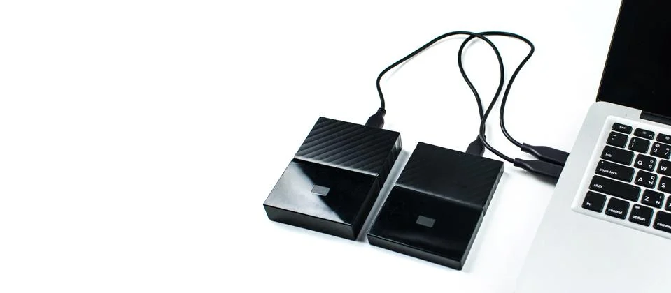 Close up of external hard disk drive for connect to laptop. HDD Stock Photos