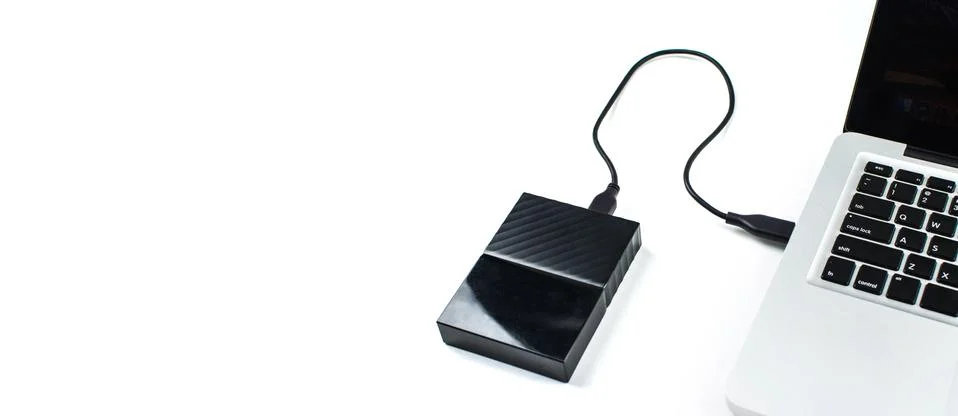 Close up of external hard disk drive for connect to laptop. HDD Stock Photos