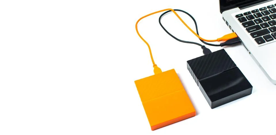 Close up of external hard disk drive for connect to laptop. HDD Stock Photos