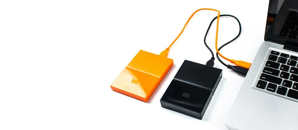 Close up of external hard disk drive for connect to laptop. HDD Stock Photos