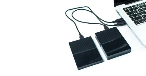 Close up of external hard disk drive for connect to laptop. HDD Stock Photos