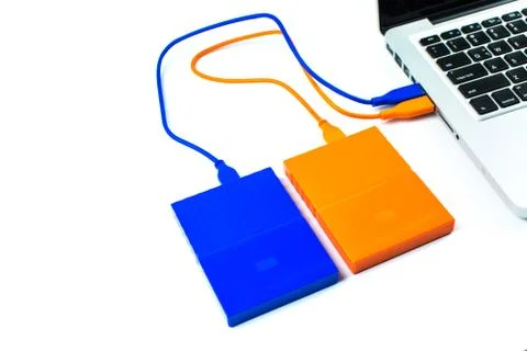 Close up of external hard disk drive for connect to laptop. HDD Stock Photos