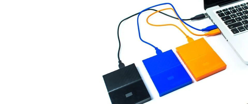 Close up of external hard disk drive for connect to laptop. HDD Stock Photos