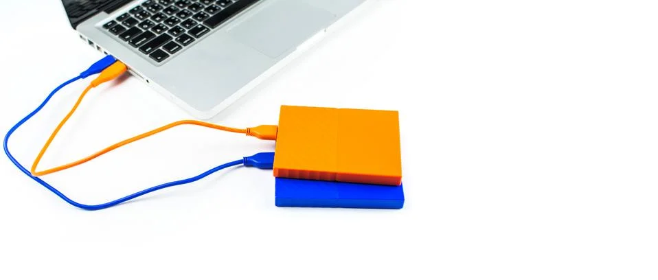 Close up of external hard disk drive for connect to laptop. HDD Stock Photos