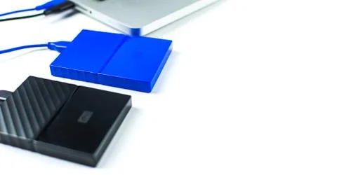 Close up of external hard disk drive for connect to laptop. HDD Stock Photos