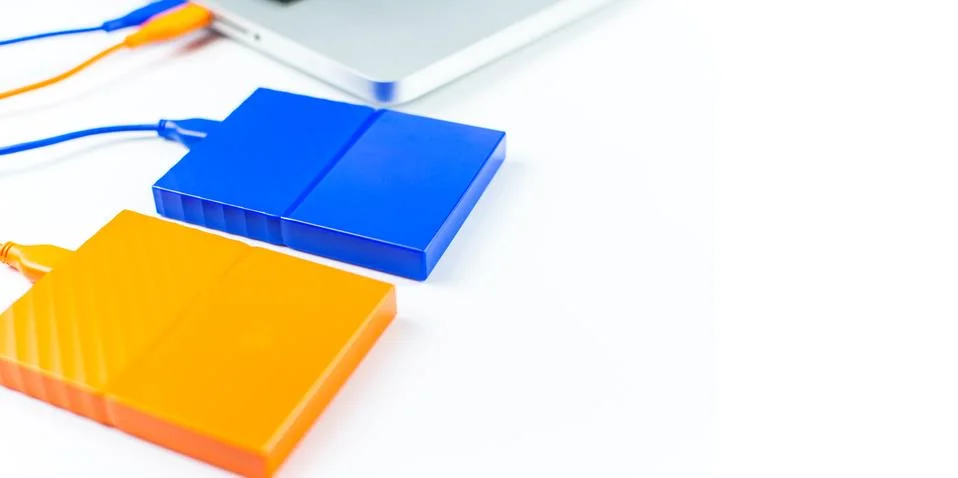 Close up of external hard disk drive for connect to laptop. HDD Stock Photos