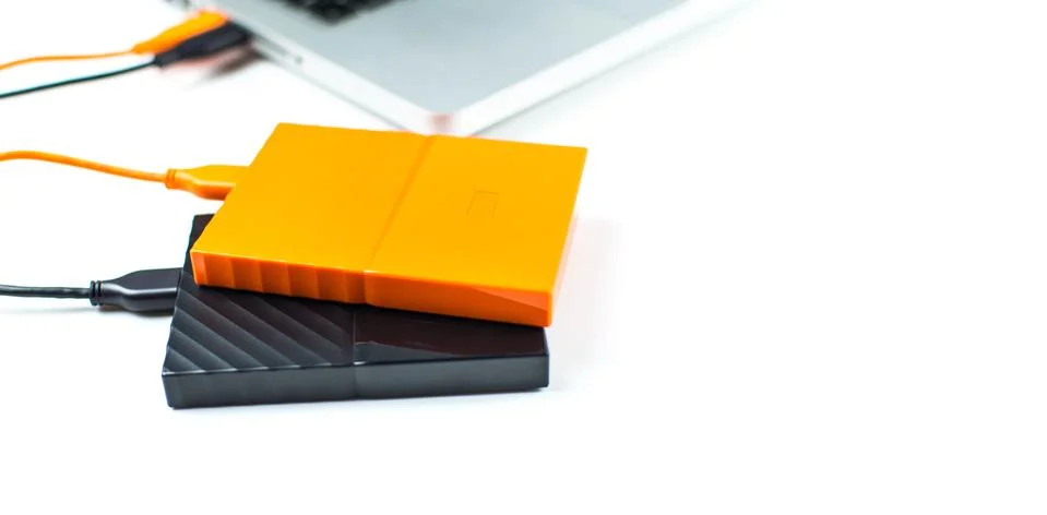 Close up of external hard disk drive for connect to laptop. HDD Stock Photos