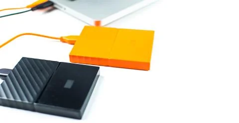 Close up of external hard disk drive for connect to laptop. HDD Stock Photos