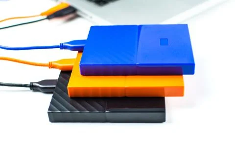 Close up of external hard disk drive for connect to laptop. HDD Stock Photos