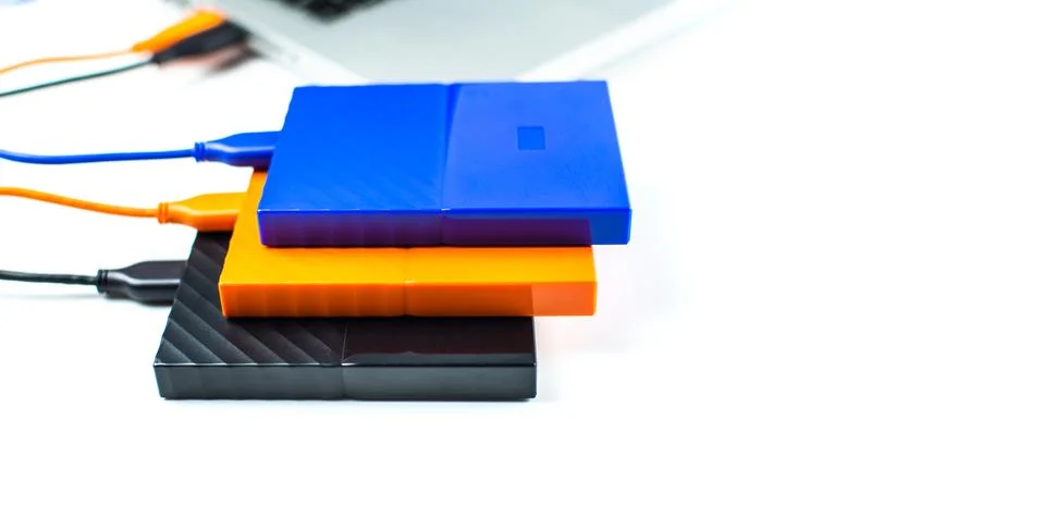Close up of external hard disk drive for connect to laptop. HDD Stock Photos