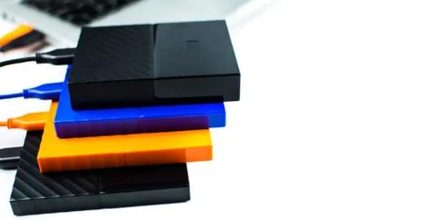 Close up of external hard disk drive for connect to laptop. HDD Stock Photos