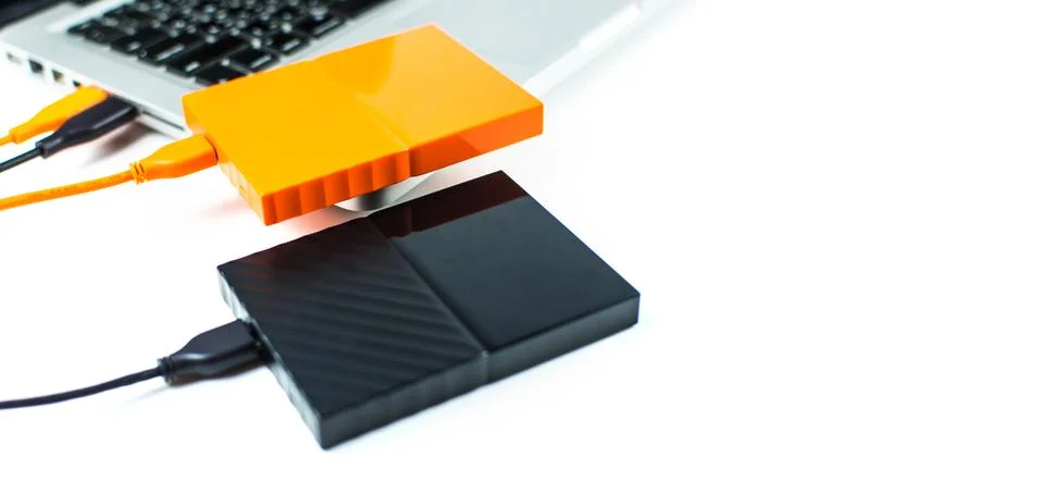 Close up of external hard disk drive for connect to laptop. HDD Stock Photos