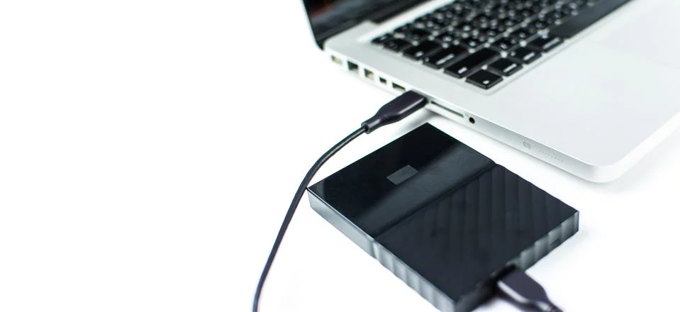 Close up of external hard disk drive for connect to laptop. HDD Stock Photos