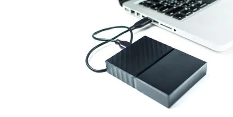 Close up of external hard disk drive for connect to laptop. HDD Stock Photos
