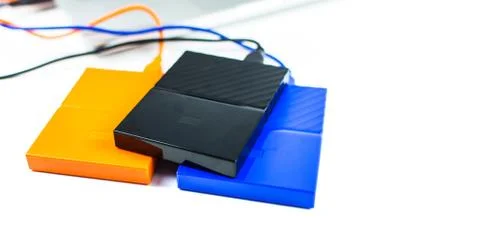 Close up of external hard disk drive for connect to laptop. HDD Stock Photos