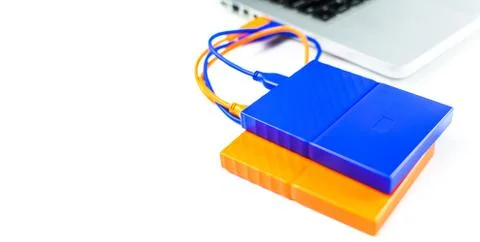 Close up of external hard disk drive for connect to laptop. HDD Stock Photos