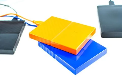 Close up of external hard disk drive for connect to laptop. HDD Stock Photos