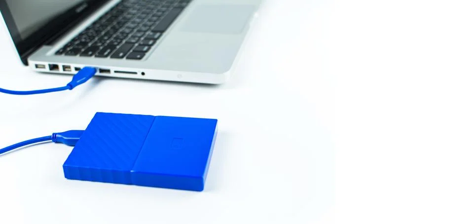 Close up of external hard disk drive for connect to laptop. HDD Stock Photos