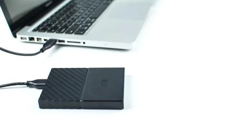 Close up of external hard disk drive for connect to laptop. HDD Stock Photos