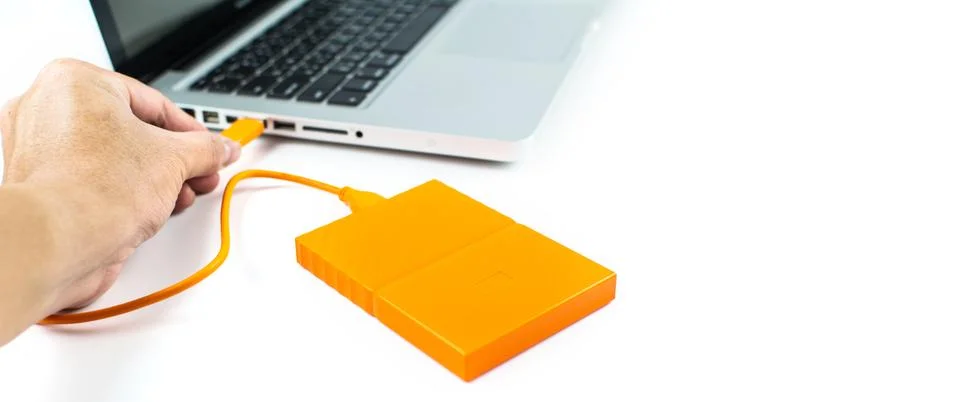 Close up of external hard disk drive for connect to laptop. HDD Stock Photos
