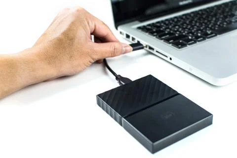 Close up of external hard disk drive for connect to laptop. HDD Stock Photos